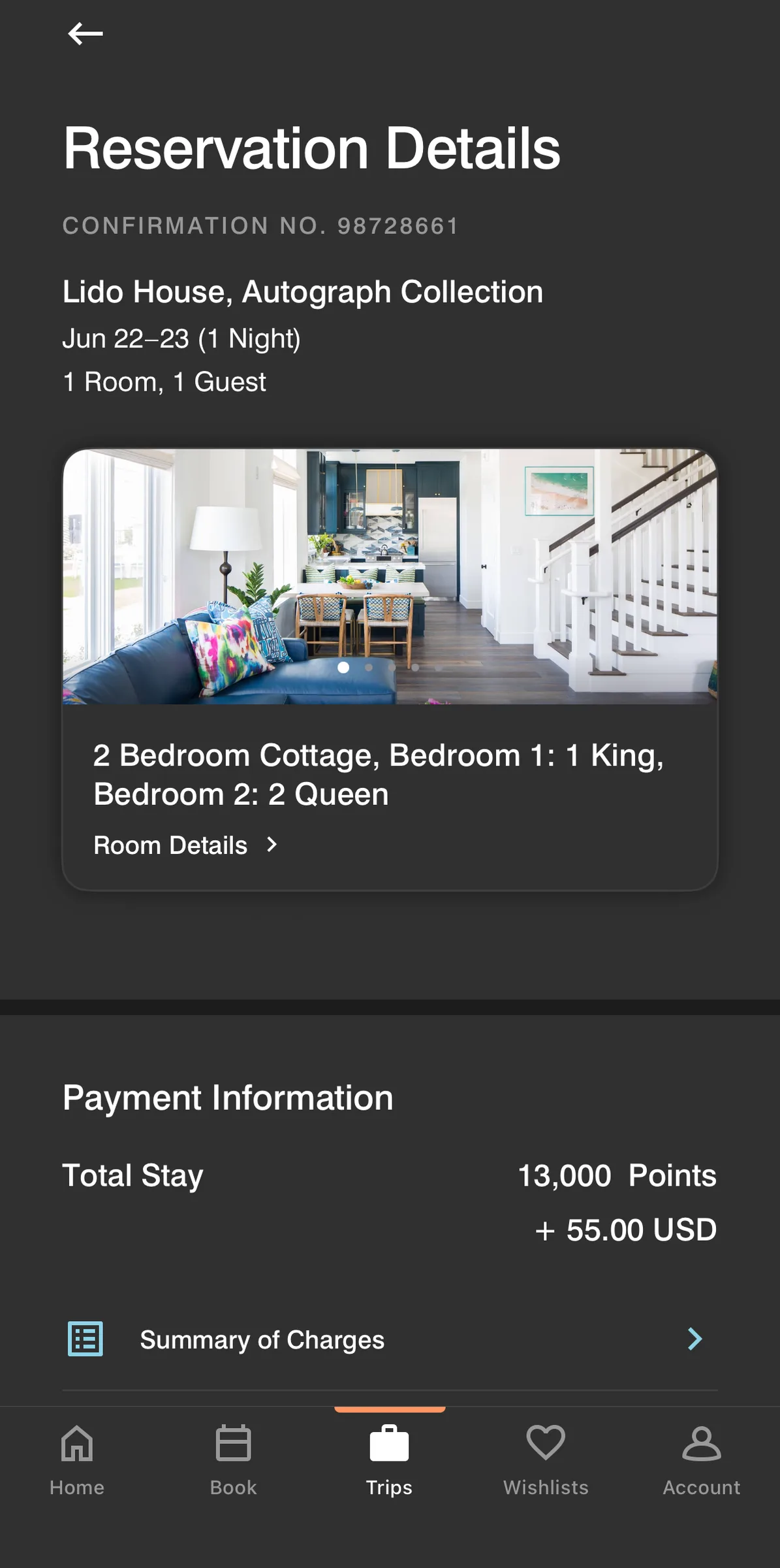Marriott reservation screenshot showing a 2 Bedroom Cottage for 13,000 points plus 55 dollars