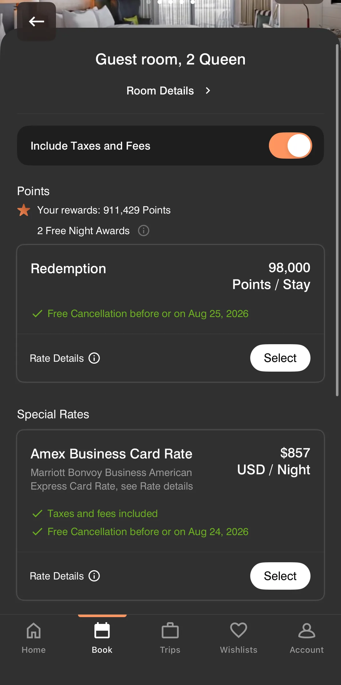 Marriott app screenshot pricing a two-queen room at 98,000 points or 857 dollars