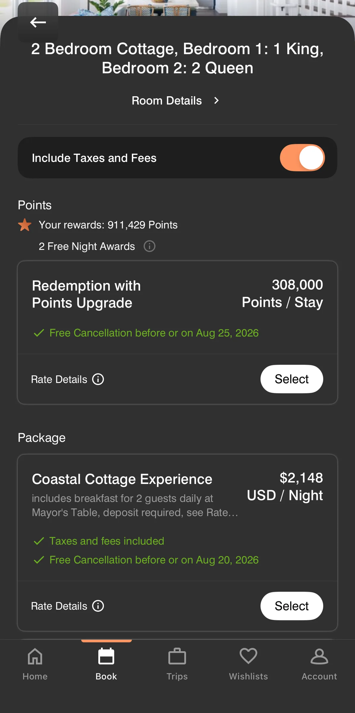 Marriott app screenshot pricing the cottage at 308,000 points or 2,148 dollars